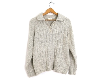 Vintage 90er Jahre Grau gesprenkelter Pullover Button Up Henley Strickpullover Damen Medium