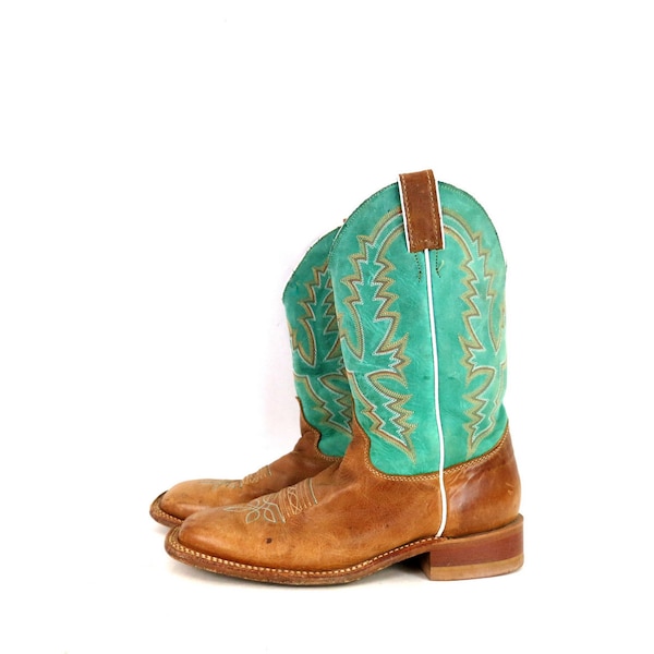 Justin Boots / Turquoise & Brown Square Toe Western Boots / Size 9.5