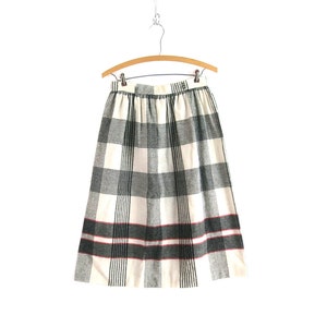 1970s Plaid Skirt High Waist White & Gray Skirt Vintage Below the Knee Midi Skirt Women&#39;s Size 27 Inch Waist