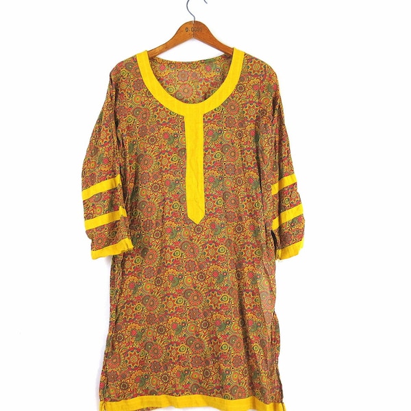 Floral Indian Tunic Dress | Vintage Caftan Dress Ethnic India Dress Bohemian Tunic Top Thin Cotton Festival Shirt Women's Medium