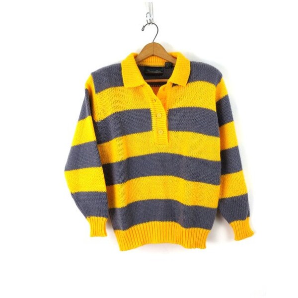Yellow & Gray Striped Sweater 1990s Knit Collar Top Sweater Shirt Vintage Retro Stripe Henley Sweater Women's Size Medium
