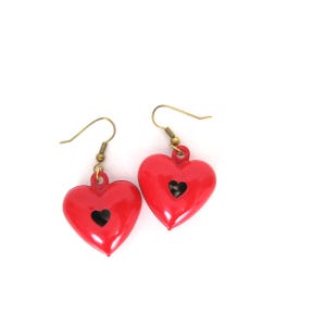 Red HEART Earrings Retro 1980s Earrings Hanging Hook Earrings 80s Vintage Metal Hearts with Bells Earrings