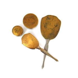 Pretty Hair Brush Set Dresser Vanity Mirror, 2 glass dishes & Brush Floral Hand Mirror Burlesque Bedroom Decor
