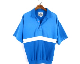 Blue Collared Tee Shirt | 80s Collar Henley Top | Baggy Boyfriend T-Shirt | Men's Size Large