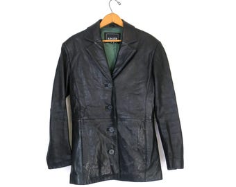 vintage black leather Blazer jacket 90s leather coat Women's Size Small