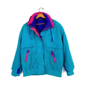 Colorblock 90s Coat Vintage Turquoise & Pink Sportswear Ski coat Fleece Lined Coat Women&#39;s Size Large