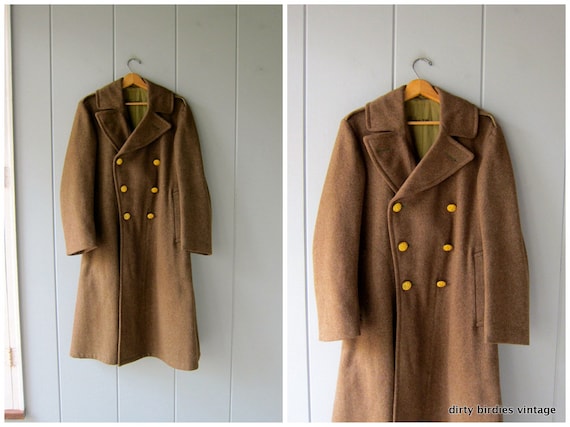 50s Wool Army Trench Coat Long Green Coat Military