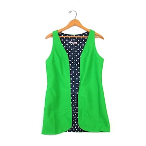 Bright Green Vest / Sleeveless Vicky Vaughn Vest with Polka Dot Lining / Long 1960s Vest / Women&#39;s Size Small