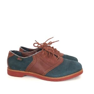90s Suede Leather Oxfords | Vintage 1990s Green & Brown Preppy Shoes | BASS Enfield Saddle Shoes | Women's Size 8.5