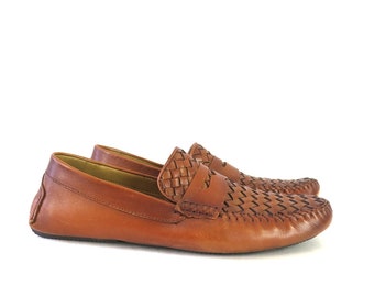Brown Leather Men's Loafers | Brown leather Woven Moccasins | Preppy Casual Dress Sandals | Men's Shoes Size 10.5
