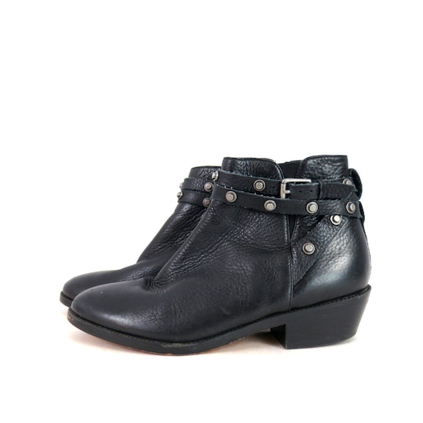 Black Leather Ankle Boots | Vintage Moto Boots | 00s Halogen Black Pebbled Leather Studs Straps & Zipper Booties | Women's Size 4.5