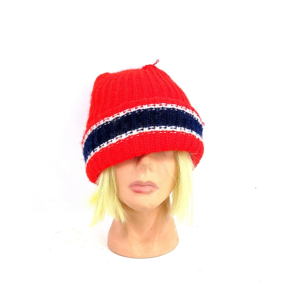 Red Blue Stocking Hat Striped Knit Stocking Cap H… - image 1