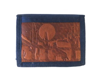 Blue Velcro TriFold Wallet | Vintage Tooled Leather Howling Wolf & Cactus Tri-Fold Billfold