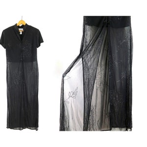 Vintage 90s Sheer Mesh Mandarin Collar Maxi Dress | Flirty Goth Vamp Prom Dress | Women's 8