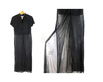 Vintage 90s Sheer Mesh Mandarin Collar Maxi Dress | Flirty Goth Vamp Prom Dress | Women's 8