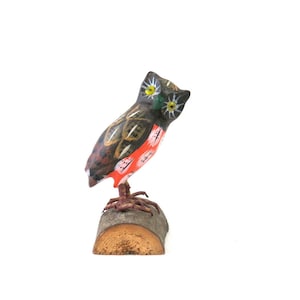 Vintage Wood Owl | Hand Carved Painted Wooden Bird | Bird on Log Carving | Small Carved Wooden Bird Statue Home Decor
