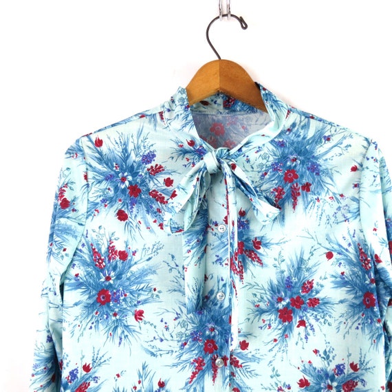 70s Floral Print Shirt Retro Blouse Vintage Blue … - image 1