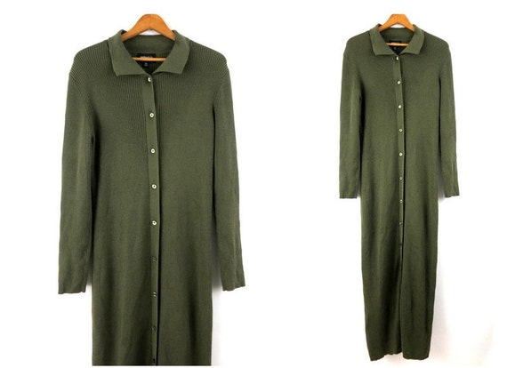Long Green Cardigan Sweater Simple Button Up Sweat