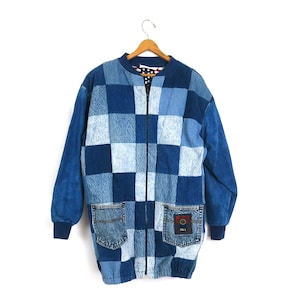 Vintage Patchwork Jean Jacket Handmade Denim Coat with Hand Pockets Medium Large