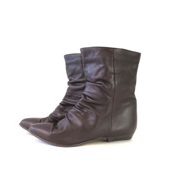 Brown Leather Slouchy Boots | 90s Mid Calf Bootie… - image 3