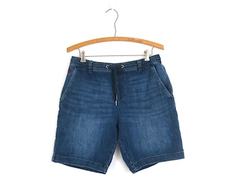 00s Vintage POLO Elastic Waist Shorts | Denim Jean Jorts with Pockets | Women's Beach Shorts Size Small