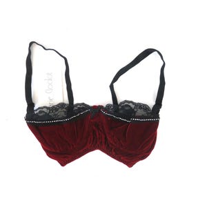 Vintage Dark Red Velvet Bra with Rhinestones 90s Lingerie Bra Top tag size Large