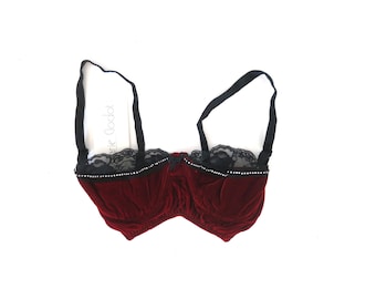 Vintage donkerrode fluwelen bh met strassteentjes jaren 90 lingerie-bh toplabel maat Large