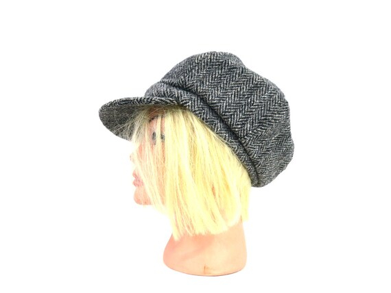 Herringbone Wool Cabbie Cap Gray Newsboy Hat Vint… - image 3