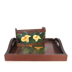 Vintage Letter or Napkin Holder with Matching Painted Wooden Floral Tray Home Office Desk Decor Organizer / Painted Flowers / Limoeiro