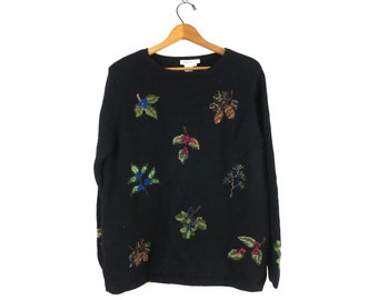 90s Vintage Floral Sweater Flower Embroidery Sweater Black Cotton Sweater Women's Size Medium