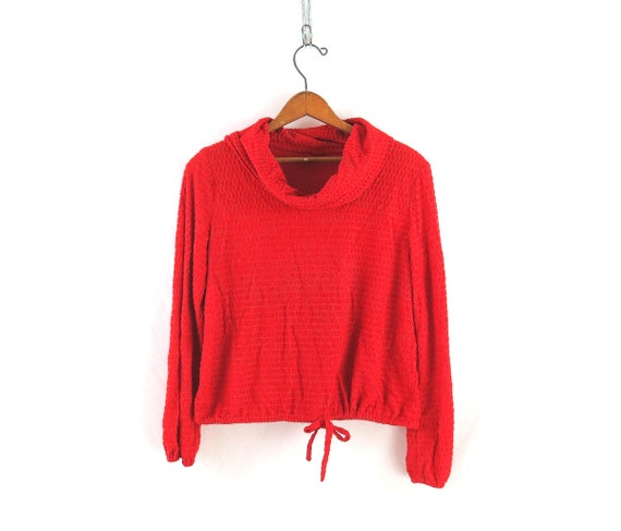 Red Cowl Neck Pullover Shirt 1970s Long Sleeve Dr… - image 1