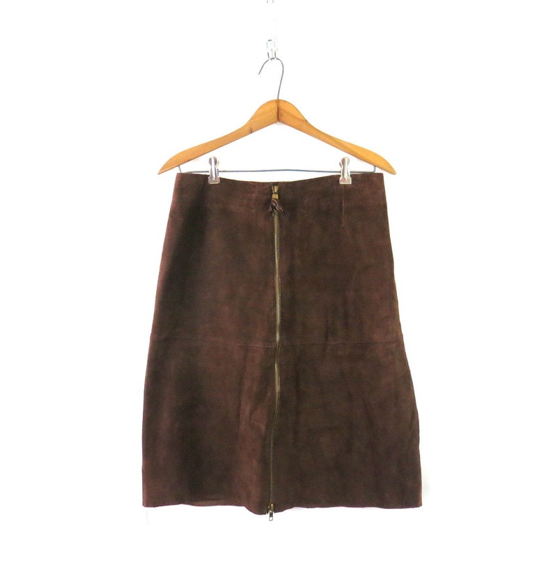 Jupe en cuir suédé Jupe marron longueur genou Jupe bohème minimaliste moderne des prairies Taille 8 pour femme image 1