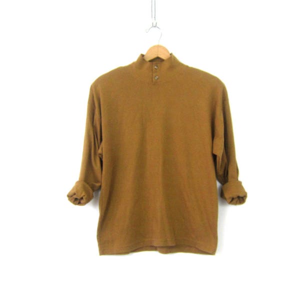 Ochre Brown Shirt 90s Mock Neck Henley Collar Button Top Thermal Layering Shirt Minimal Long Sleeve Top Shirt Womens Size Large