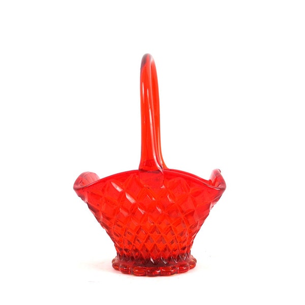 Mod 60s Red / Orange Glass Decor • Glass Basket with Handle • Diamond Point Hobnail • Vintage Collectible Candy Dish Accent Piece