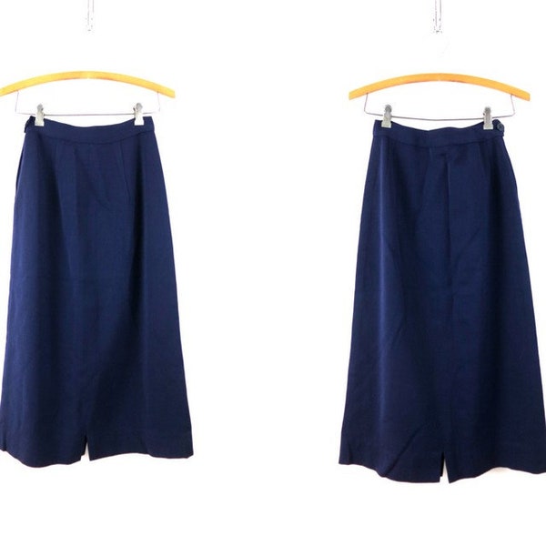 Long Dark Blue Skirt Gabardine Skirt Vintage High Waist Mid Century Modern Skirt Women's Size 23 Inch Waist XS XXS