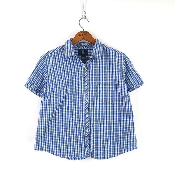 Blue Plaid Summer Shirt | Short Sleeve Cotton Button Up Shirt | BOXY Casual Blouse | Women's XL