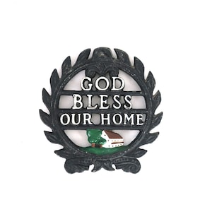 Vintage God Bless our Home Trivet | Mid Century Black Metal Hot Plate