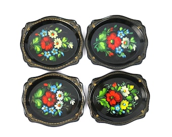 4 Vintage Painted Floral Platters Small Black Coaster Trays Metal Flower Trays Mid Century Home Decor Made in USSR