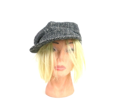 Herringbone Wool Cabbie Cap Gray Newsboy Hat Vint… - image 2