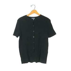 Vintage CHAPS Knit Cotton Sweater Top: Black Short Sleeve, Women&#39;s XL