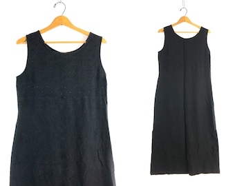 Black Linen Rayon Dress Long Minimal Summer Tank Top Dress 1990s Casual Market Dress Women's Size Medium