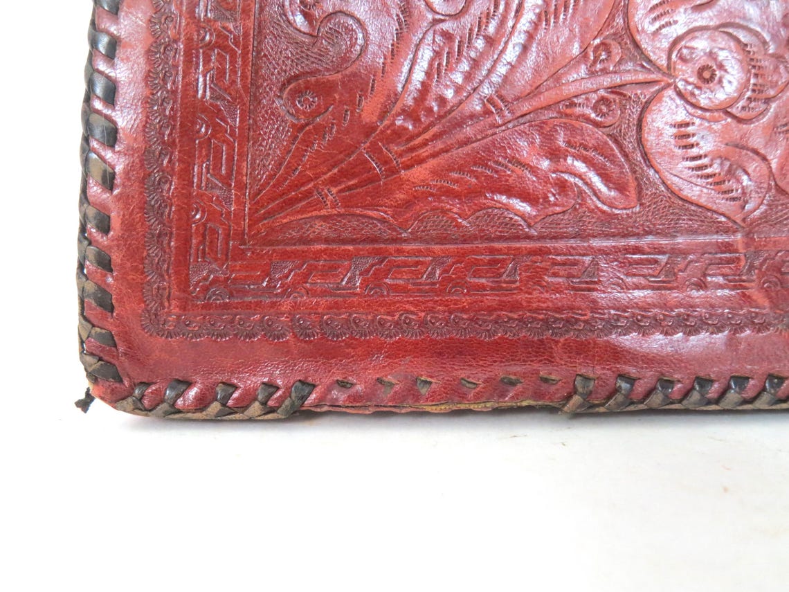 Vintage Tooled Leather Clutch: Tan Brown Floral Handbag (AS IS, foto 4 di 5