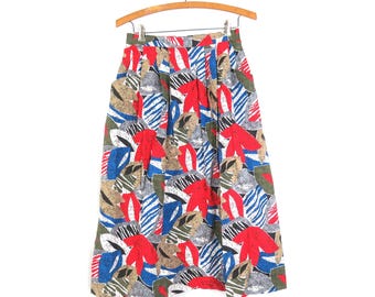 Vintage 80s High Waist Tropical Midi Skirt: Bold Pattern Summer Skirt