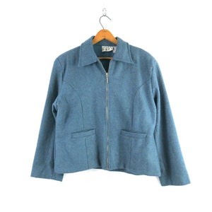 Cropped Wool Jacket Vintage Blue Cropped Fall Coat Zipper Front Jacket Modern Preppy Coat Women's Size Medium