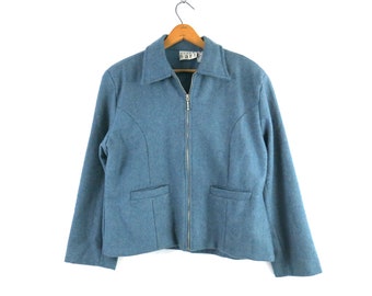 Cropped Wool Jacket Vintage Blue Cropped Fall Coat Zipper Front Jacket Modern Preppy Coat Women's Size Medium