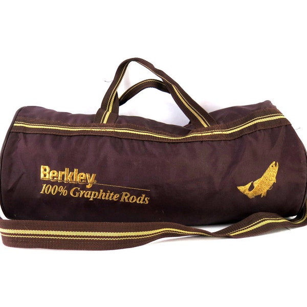 Vintage Berkley Fishing Poles Gym Bag Fishing Sports Duffel bag Brown Graphite Rods Nylon travel bag w/ shoulder strap