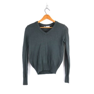Vintage Cropped V-Neck Cotton Sweater - Dark Gray, Size Small