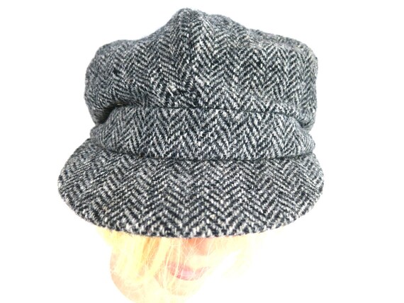 Herringbone Wool Cabbie Cap Gray Newsboy Hat Vint… - image 8