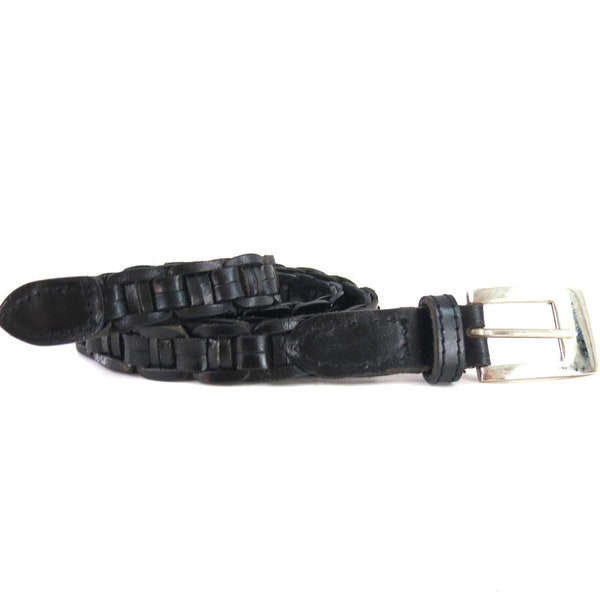 Braided Black Leather Belt Vintage 90s Preppy Belt Woven Leather Belt Size Medium Large