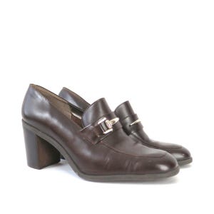 Brown Leather High Heel Loafers Vintage 90s Preppy Office Secretary Shoes Women&#39;s Size 8